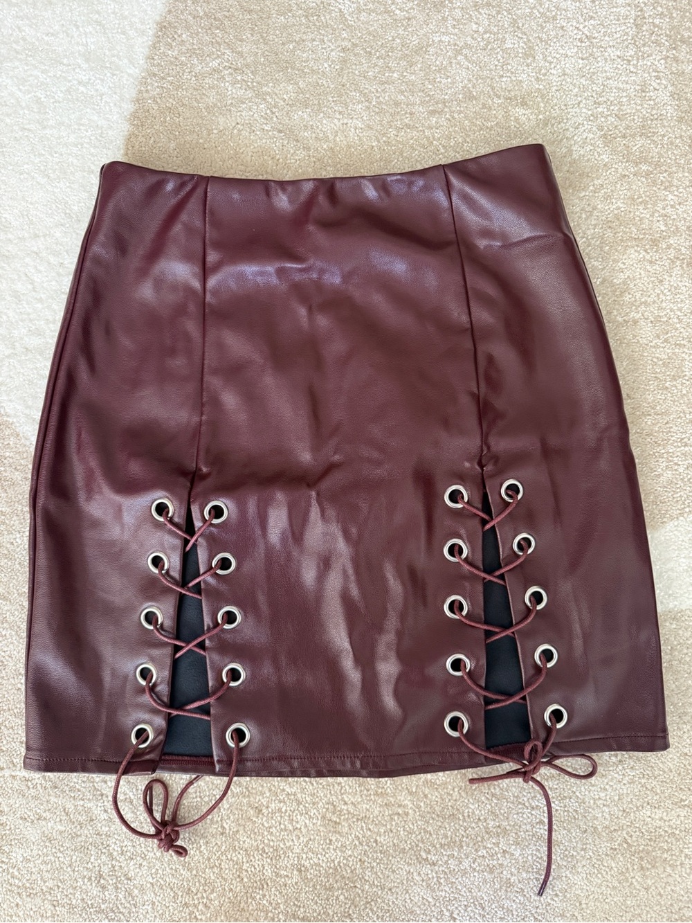 Tiger Mist Burgundy Faux Leather Lace-Up Mini Skirt